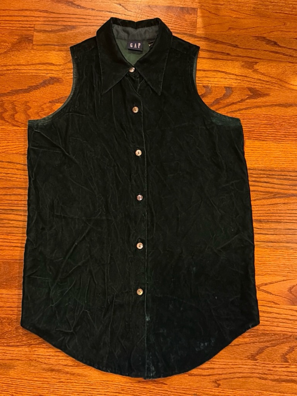 Vintage GAP Dark Green Velvet Sleeveless Button-Down Top